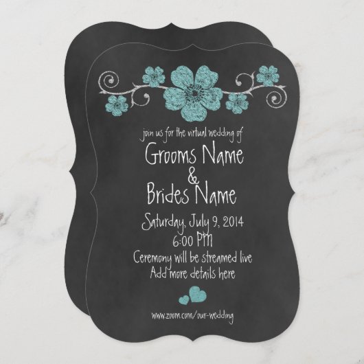 Invitation Turquoise Wild Roses Chalkboard Virtual Mariage (Devant / Derrière)