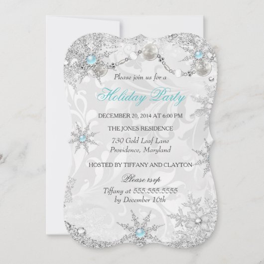 Invitation Turquoise Winter Wonderland Damask Fête (Devant)