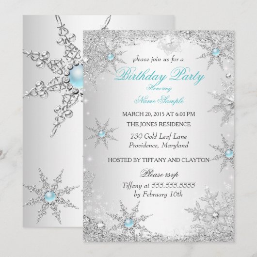 Invitation Turquoise Winter Wonderland fête d'anniversaire (Devant / Derrière)