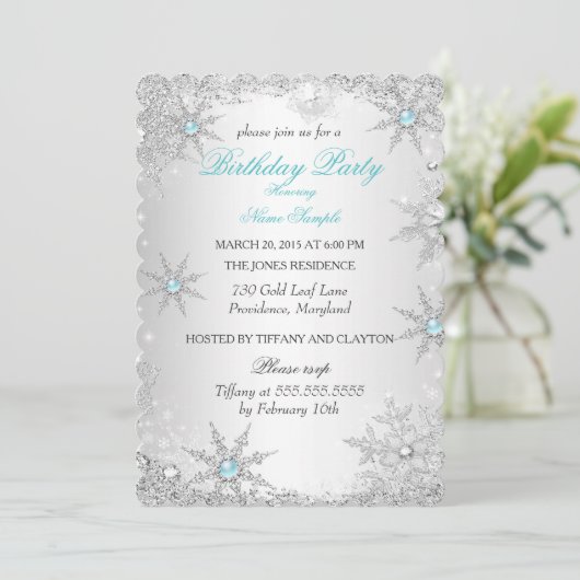 Invitation Turquoise Winter Wonderland fête d'anniversaire (Debout devant)