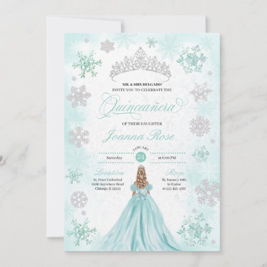 Invitation Turquoise Winter Wonderland Snowflake Quinceanera (Devant)
