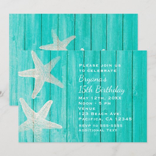 Invitation Turquoise Wood & Starfish Beach Élégante invitatio (Devant / Derrière)