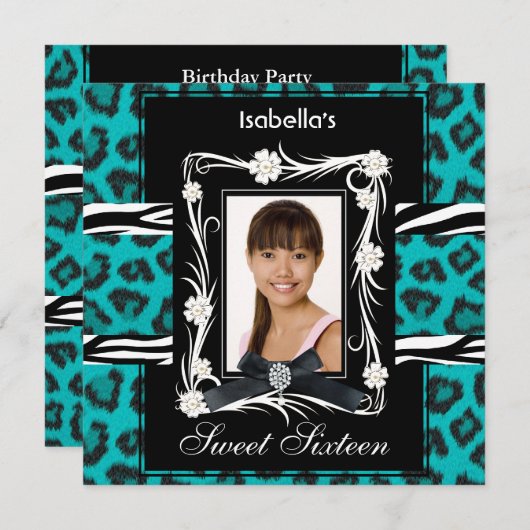 Invitation Turquoise Zebra Leopard Sweet sixteen 16 noir blan (Devant / Derrière)