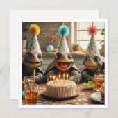 Invitation Turtles celebrating birthday with cake and hats (Devant / Derrière)