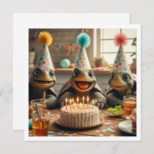 Invitation Turtles celebrating birthday with cake and hats (Devant / Derrière)