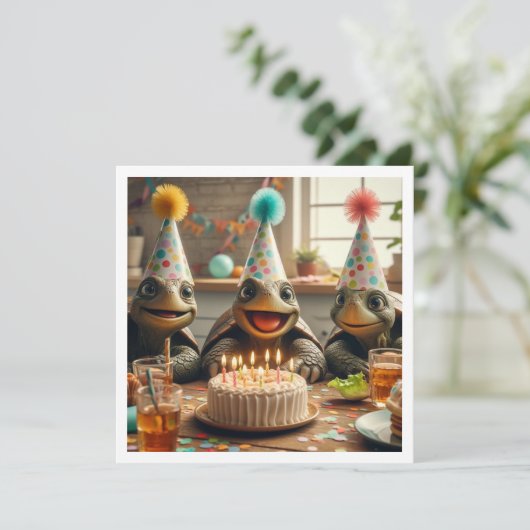 Invitation Turtles celebrating birthday with cake and hats (Debout devant)