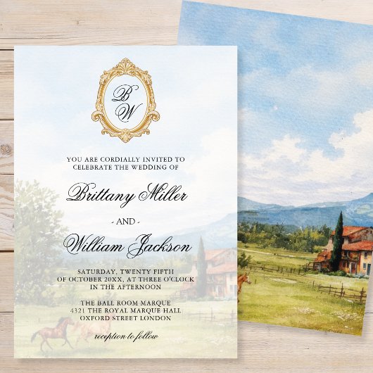 Invitation Tuscan Countryside Landscape Monogram Wedding 