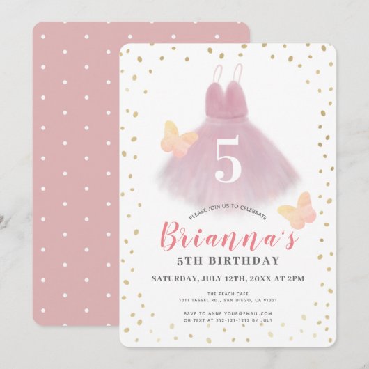 Invitation Tutu Ballerina Rose & Blanc Fille Anniversaire (Devant / Derrière)