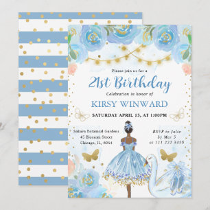Invitation Tutu Bleu Ballerine à peau noire Anniversaire