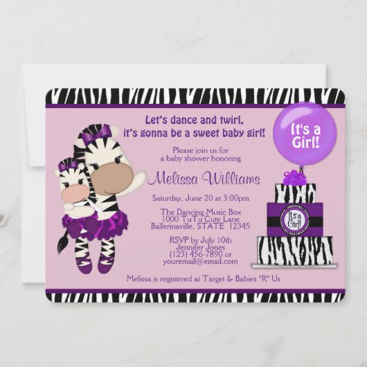 Invitation TuTu Cute Baby shower ZEBRA Lavendar Purple 085 (Devant)