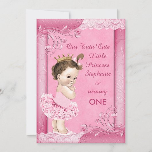 Invitation Tutu Cute Brunette Princesse 1er Anniversaire Faux (Devant)