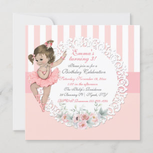Invitation Tutu de ballerine rose et blanc rayures dentelle