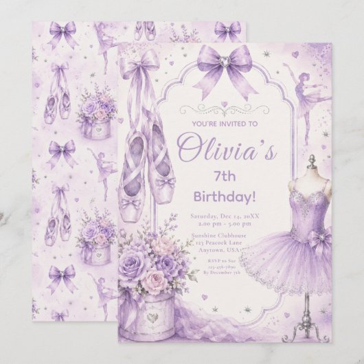 Invitation Tutu de ballet lavande pour fête (Devant / Derrière)