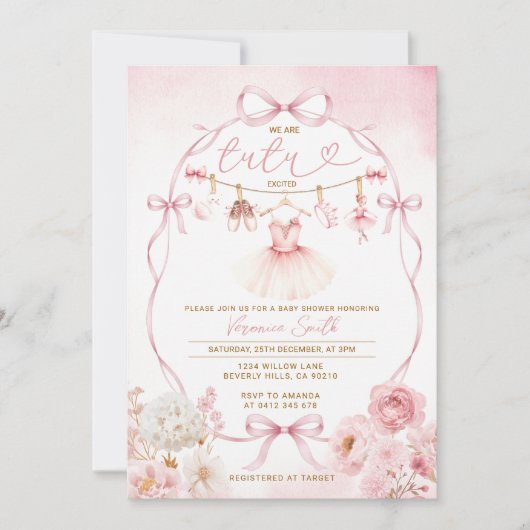 Invitation Tutu de bébé fille Arc floral Ruban rose (Devant)