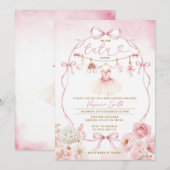 Invitation Tutu de bébé fille Arc floral Ruban rose (Devant / Derrière)
