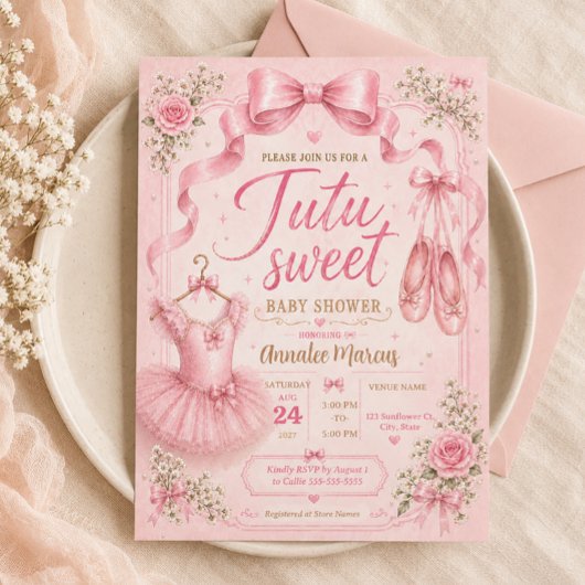 Invitation Tutu Rose Douce Fête de Naissance Petite Fille Dan