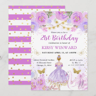 Invitation Tutu Violet Cheveux Blonds Ballerine Anniversaire