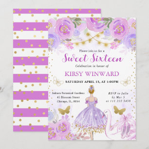 Invitation Tutu Violet Cheveux Blonds Ballerine Douce 16 Ans