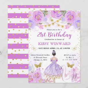 Invitation Tutu Violet Cheveux Noirs Ballerine Anniversaire