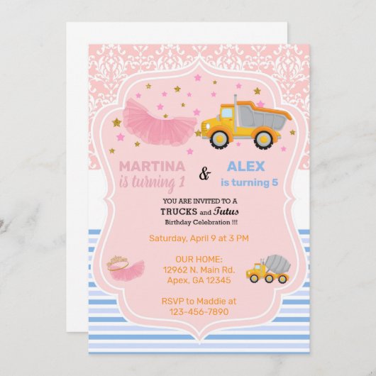 Invitation Tutus & camions de construction frères et soeurs a (Devant / Derrière)