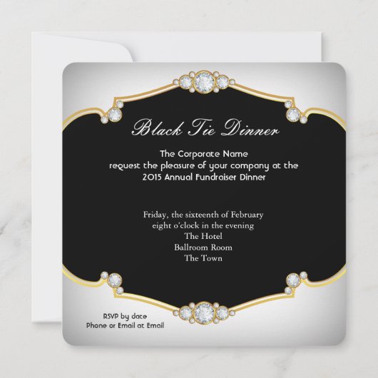 Invitation Tuxedo Black Cravate Diner Party White Gold 2 (Dos)