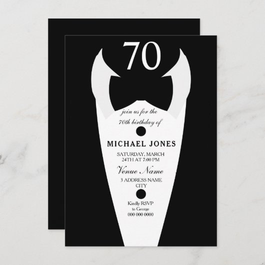 Invitation Tuxedo Bow Cravate Mens 70e anniversaire Invitatio (Devant / Derrière)