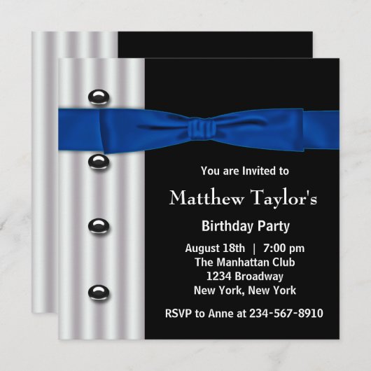 Invitation Tuxedo Bow Cravate Mens Bleu Noir fête d'anniversa (Devant / Derrière)