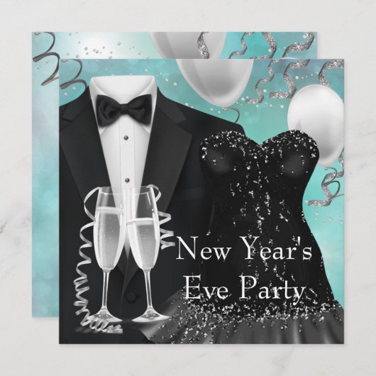 Invitation Tuxedo Champagne Confetti Nouvel An (Devant / Derrière)