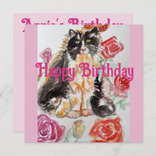Invitation Tuxedo Chat Cute Rose Fleurs Chats Aquarelle Rose (Devant / Derrière)