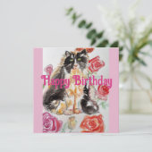 Invitation Tuxedo Chat Cute Rose Fleurs Chats Aquarelle Rose (Debout devant)