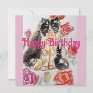 Invitation Tuxedo Chat Cute Rose Fleurs Chats Aquarelle Rose