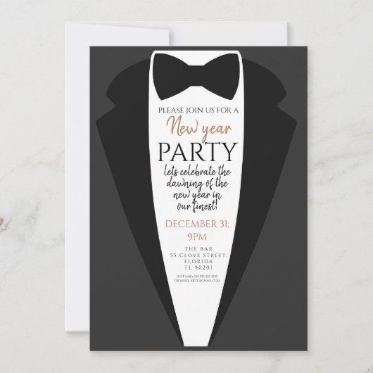 Invitation tuxedo, cravate noire fête nouvelle année PTO PTA (Devant)