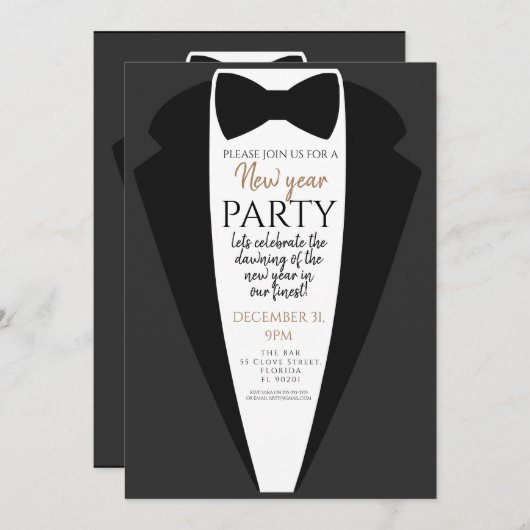 Invitation tuxedo, cravate noire fête nouvelle année PTO PTA (Devant / Derrière)