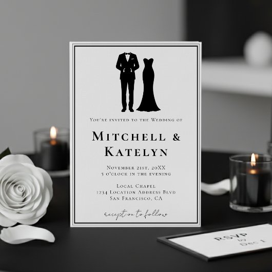 Invitation Tuxedo & Dress Minimal Border White Wedding