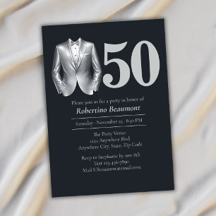 Invitation Tuxedo élégant pour homme Argent Noir 50e Annivers