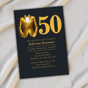 Invitation Tuxedo élégant pour homme Or Noir 50e Anniversaire