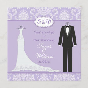 Invitation Tuxedo et Gown sur lavender lilas mariage damassé