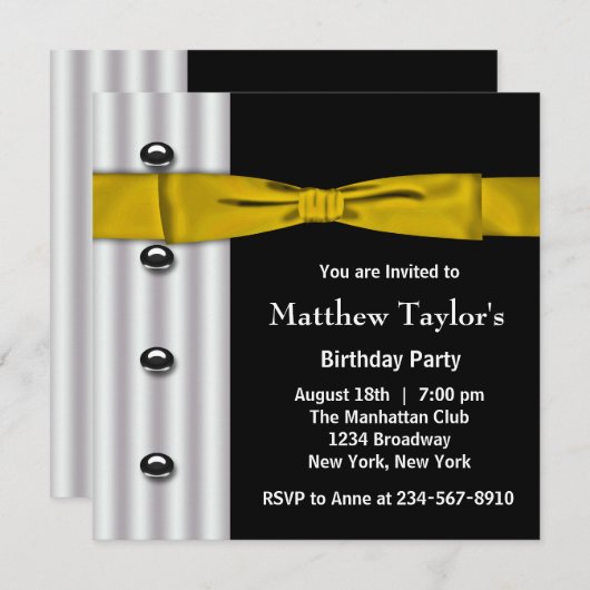 Invitation Tuxedo Gold Bow Cravate Mens fête d'anniversaire (Devant / Derrière)