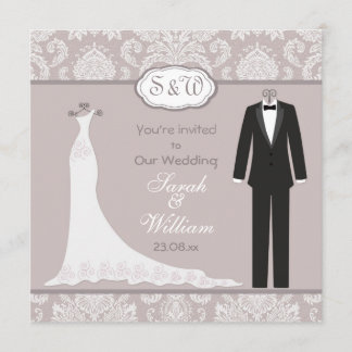Invitation Tuxedo & Gown sur mariage damassé gris rose