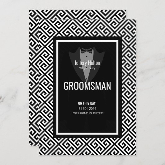 Invitation Tuxedo groomsman, meilleur homme noir et blanc tux (Devant / Derrière)
