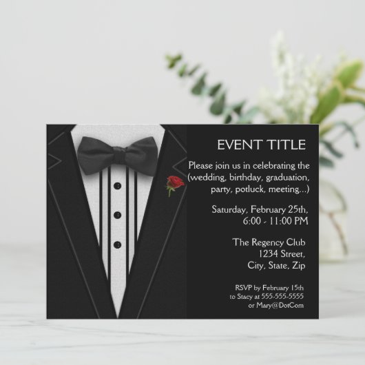 Invitation Tuxedo noir avec Cravate Bow Rose rouge (Debout devant)