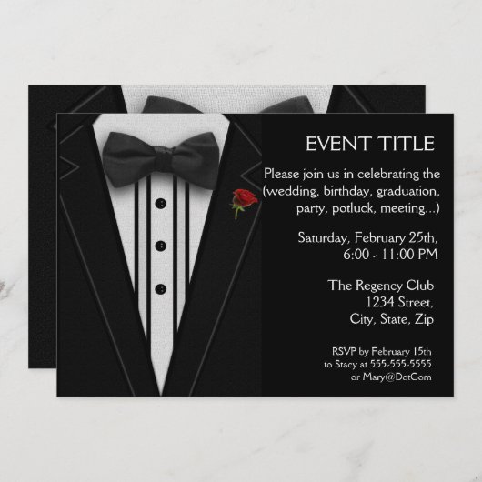 Invitation Tuxedo noir avec Cravate Bow Rose rouge (Devant / Derrière)