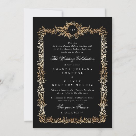 Invitation tuxedo or cadre botanique mariage monogramme (Devant)