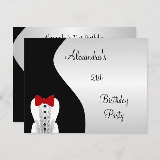 Invitation Tuxedo Red Cravate 21e fête d'anniversaire Noir & (Devant / Derrière)