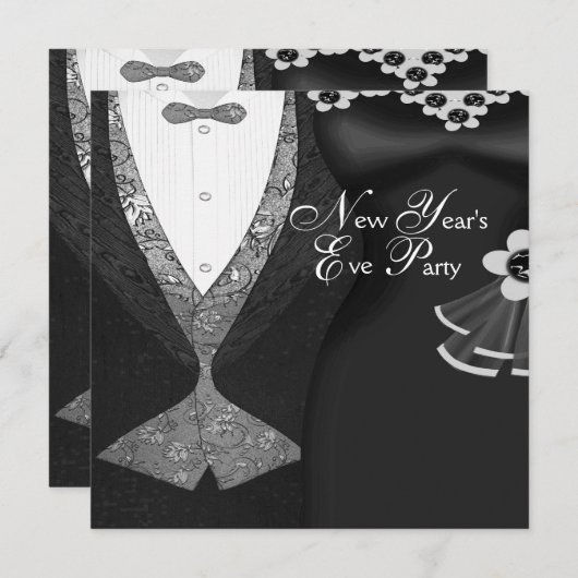 Invitation Tuxedo Robe Noire Cravate Nouvel An Soirée (Devant / Derrière)