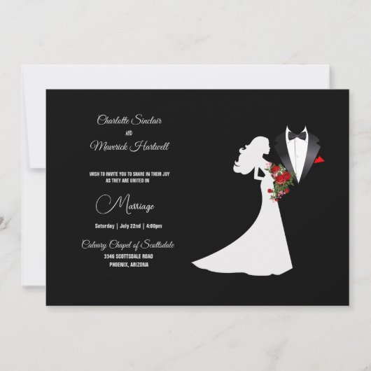 Invitation Tuxedo Suit & Bride Silhouette B&W Mariage (Devant)