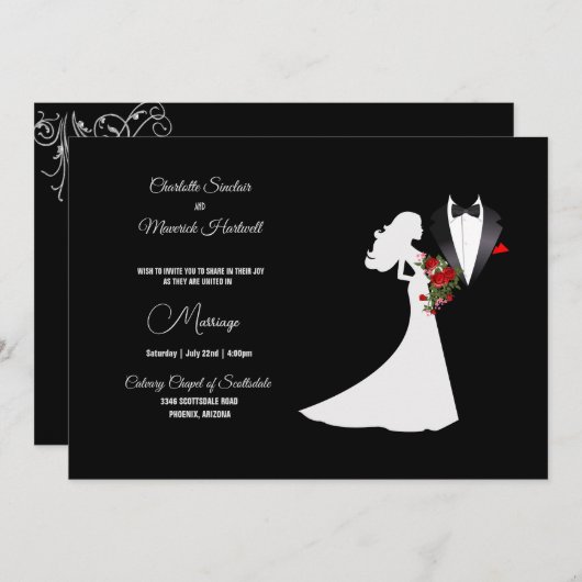 Invitation Tuxedo Suit & Bride Silhouette B&W Mariage (Devant / Derrière)
