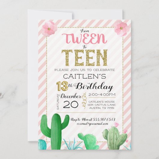 Invitation Tween À L'Ado Cactus Boho Anniversaire (Devant)