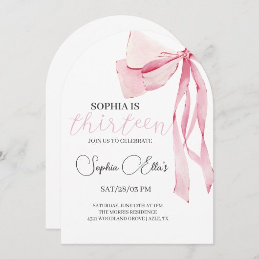 Invitation Tween Bow rose 13e anniversaire | Coquette 13e nai (Devant / Derrière)