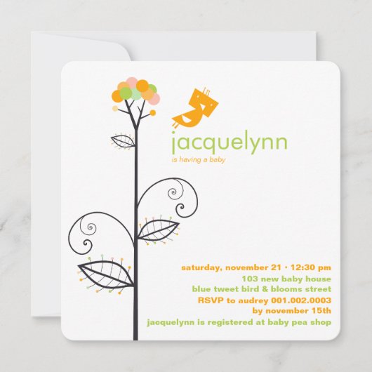 Invitation Tweeter Oiseau Orange Fleur Points Arbre Baby show (Devant)